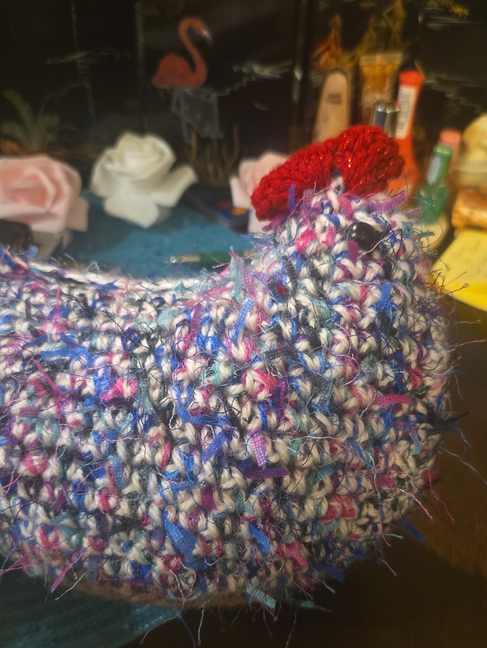 Handwoven Multicolor Knit Accent Chicken with Red Detail